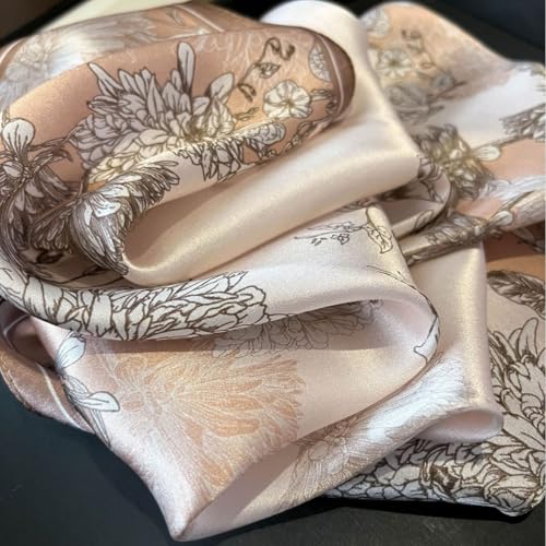 MEISEE 100% Pure Mulberry Silk Scarf 21" Square Scarf Neckerchief Headscarf Breathable Lightweight for Women Gift Packed - color: Light Pink + Gray Flower