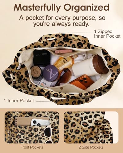 Miss Adola Crossbody Corduroy Tote Bag for Women, Large Tote Bag with Multi-Pockets and Zipper for Travel Work - color: Classic Leopard Print
