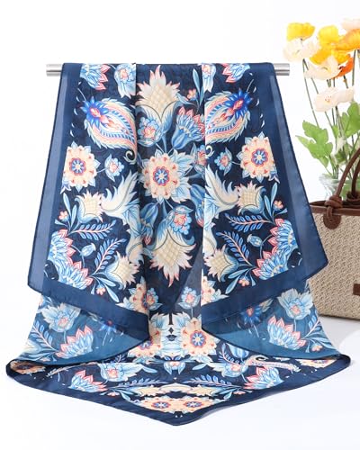 AWAYTR 27.5” Square Satin Head Scarf Hair Scarf for Women's Hair Silk Bandana for Women Silk Head Wrap for Sleeping - color: Cashew (Dark Blue)