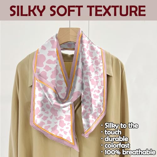 Hair Head Scarf Silk Feeling Long Satin Neck Satin Scarves for Handbag Cute Aesthetic Decoration Women Girls 59 * 6.7” - color: Y8-pink Cow