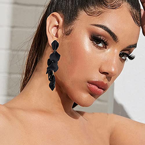 Long Acrylic Rose Petal Earrings Dangle Exaggerated Flower Earrings Drop Statement Floral Tassel Earrings for Women - color: Long Acrylic Rose Petal Earrings-Black