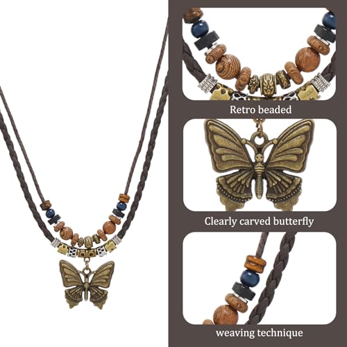 Boho Necklace for Women,Vintage Butterfly Pendant Necklaces,Adjustable Wooden Beads Layered Braided Choker,Fashion Tribal Style Leather Rope Necklace Jewelry,Chunky Statement Gift for Women - color: Brown