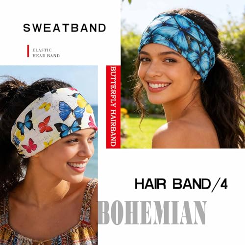 Olbye Wide Boho Headbands Headwrap Butterfly Stretch Button Hair Bands Bandana Yoga Running Athletic Turban Head Bands Head Scarfs Hair Accessories for Women 4Pcs (Boho)
