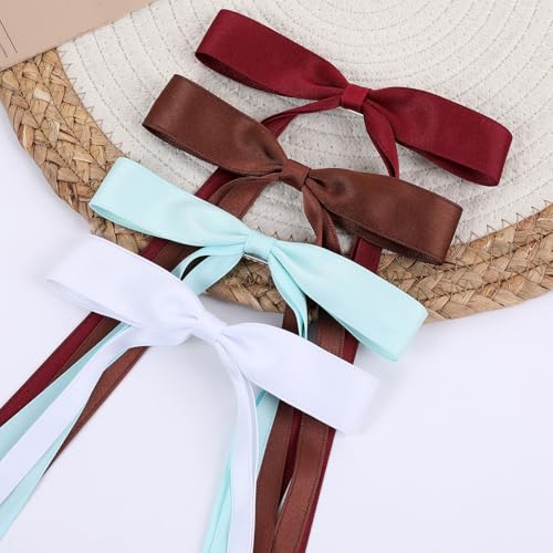 WORTL Hair Bows Clips Coquette Ribbon Bowknot with Long Tail Princess Hair Bows French Barrettes Hair Accessories for Women Girls 16PCS (Wine Red, White, Aquamarine, Brown) - color: Wine Red, White, Aquamarine, Brown
