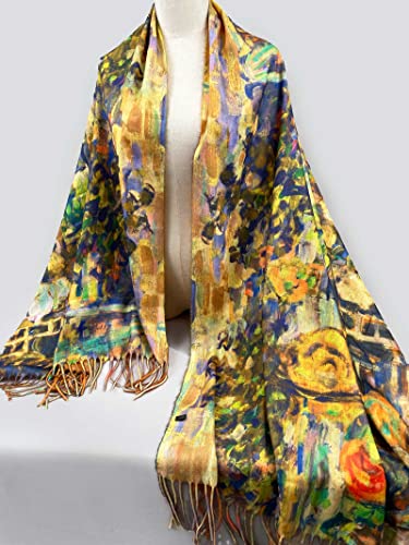 VENVSBEE Reversible Scarf Soft Large Shawl Wrap Blanket Double Sided Art Print Warm Pashmina Stoles Klimt Van Gogh Gifts - color: Art 01