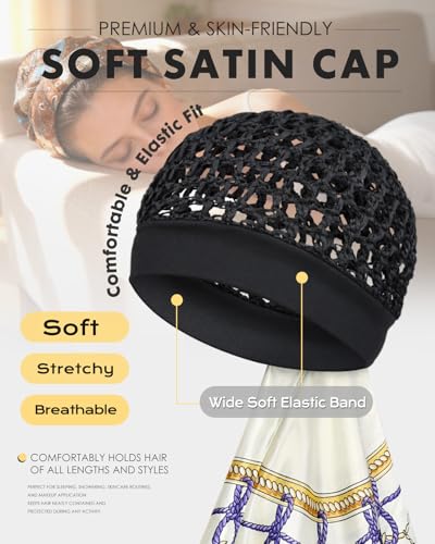 Satin Scarf 2 in 1 Wrap Cap Hair Net for Silk Press, Soft Headband Hair Net with Silk Like Scarf for Sleeping - color: Nautical Anchor