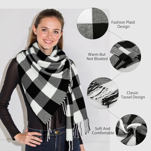 Loritta Womens Scarf Fashion Long Plaid Shawls Wraps Big Grid Winter Warm Lattice Large Scarves Gifts - color: U-black White Gray Lattice