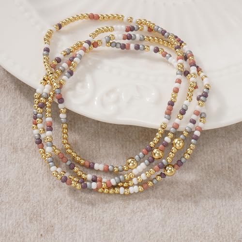 Boho 4Pcs Stack Colorful Small Seed Beaded Bracelets Set for Women, Cute Handmade Dainty Trendy Gold Plated Stretch Accessories Thin Glass Jewelry, Summer Daily Party Friendship Gift - color: Purple Gray