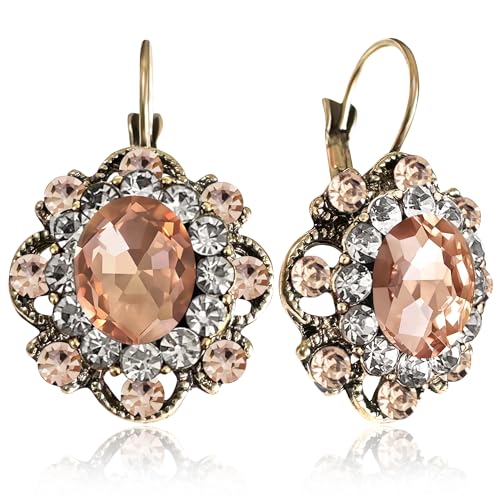 Handmade Bohemian Vintage Gold Sparkly Crystal Round Flower Leverback Earrings Cute Rhinestone Geometry Dangle Drop Earring for Women - color: Orange Pink