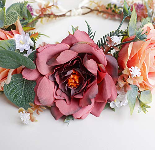 Vivivalue Boho Flower Crown Rose Floral Headband Hair Wreath Flower Headpiece Halo with Ribbon Wedding Party Photos - color: 88