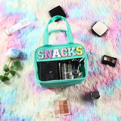 BuyCard Chenille Letter Clear Makeup Bags, Snacks Bag for Travel, Preppy Patch Nylon Cosmetic Bag with Handles and Zipper, Waterproof Large Clear Travel Toiletry Bag Storage Bag for Women Green - color: Green-Snacks