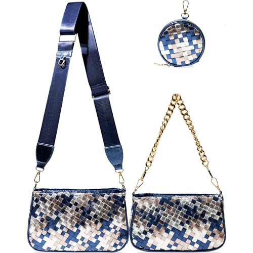 Handmade Woven Small Crossbody Bag for Women with Coin Purse, Designer Shoulder Handbag 3pcs Set, Mini Tote Clutch - color: Blue Multicolor