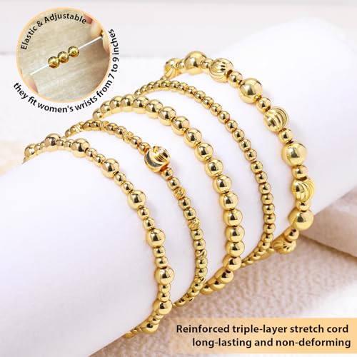 Gold Beaded Bracelets for Women: 14K Gold Bracelets for Women Trendy Dainty Gold Ball Bracelet Stack for Womens - Boho Stretch Bracelets Jewelry Sets with Cross Fashion Accessories Gifts for Women - style: Gold Ball
