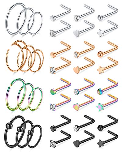 Mayhoop 20g Nose Rings Hoops And Studs For Women Men - Hypoallergenic 316L Surgical Stainless Steel L Shape Nose Screw Bone Silver Rose Gold Black Rainbow Pack 28Pcs - color: 36Pcs(Silver+Rose gold+Black+Rainbow)