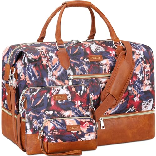 ITIEZY Weekender Overnight Bag for Women - Large Travel Duffel Bag with Shoe Compartment, Gym Duffel Bag Hospital Bag Carry On Tote Bags for Airplanes with Crossbody Bag Toiletry Bag 3Pcs Set - color: 8-Purple Leaf