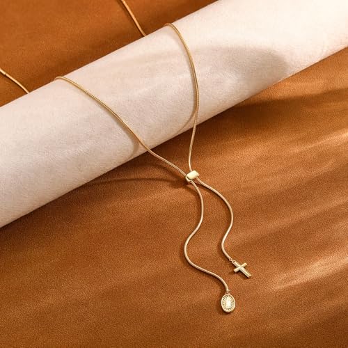 CHESKY Long Necklaces for Women, 14k Gold Plated/Streling Silver Lariat Necklace Dainty Statement Prom Necklace Rosary Cross Sun Drop Pendant Dangle Necklace Gold Prom Jewelry for Women Gifts - style: y necklace 03