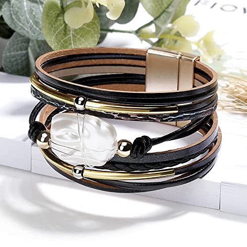 Fesciory Leopard Bracelet for Women, Boho Leather Wrap Multi-Layer Pearl Crystal Bracelet Bangle Jewelry - style: Black Leather(Pearl)