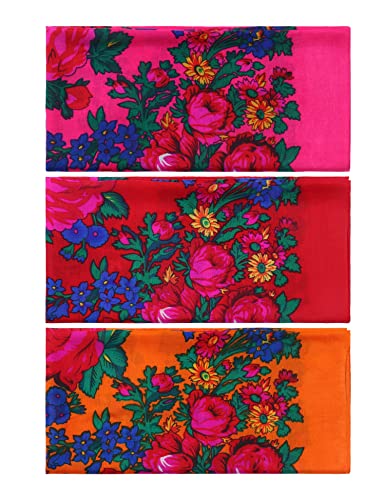 MJ SERECA Acrylic Bandana Printed Hair Scarf Square Ukrainian Head Scarf Floral Babushka Neck Scarf for Women 30"/42"/60" - color: 3 Pack-b 30"