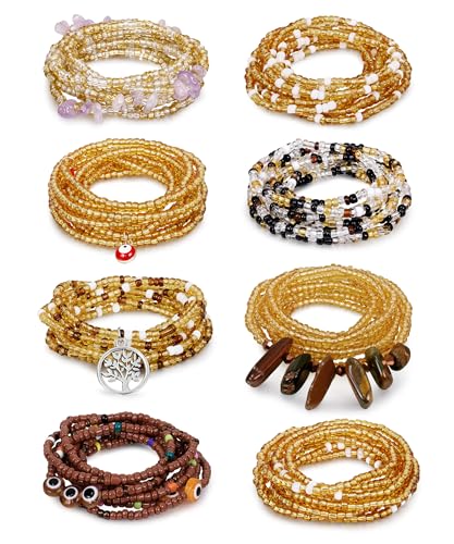 8PCS African Waist Bead Chains for Women Layered Belly Body Chain Handmade Plus Size Beaded Belly Chain Colorful Elastic Flower Butterfly Body Chains Summer Beach Bikini Body Jewelry 31-45in - style: Set A