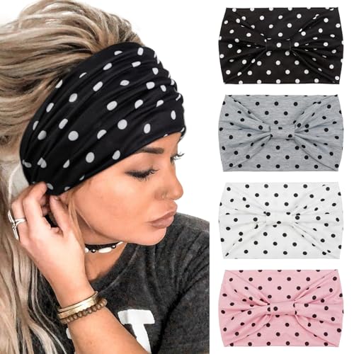 Huachi 4 Packs Polka Dot Headbands for Women Wide Knotted Non Slip Fashion Vingate 1950s Head Bands for Women’s Hair Large African Bandana Hairbands Yoga Running Sports Workout Thick Turban - color: Polka Dot Headbands 1