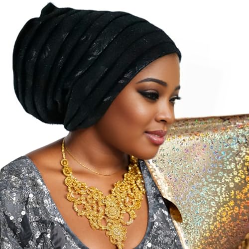 Traditional African Women's Head coverings, Shiny Layered Hats, Nigerian Headscarf, Suitable for Daily wear - color: Black