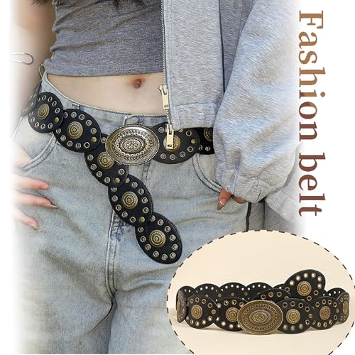 Western Chunky Wide Disc Belt for Women Boho Hollow PU Leather Waist Cowgirl Belt for Dresses Jeans with Metal Buckle - color: Black