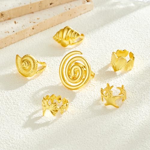 Yuoos 6PCS Gold Seashell Rings for Women Beach Surfer Swirl Conch Starfish Chunky Rings 18k Gold Dainty Seashell Heart Bow Stacking Rings Summer Jewelry for Women