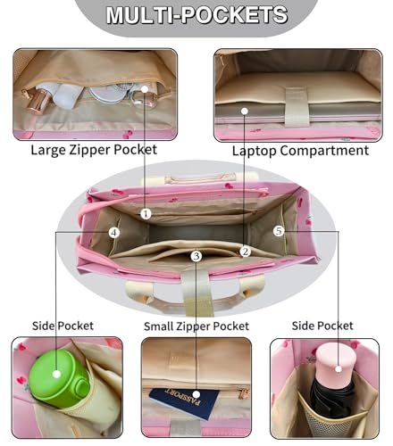Large Canvas Tote Bag for Women Work Tote Bags with Pockets Laptop Crossbody Purses Everyday Bag Handbags for Travel - color: New Upgrade Plus Cherry Pink