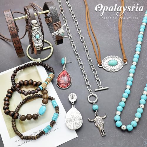 3 Pcs Layered Western Jewelry Set for Women Boho Turquoise Beaded OX-Head Necklaces Western Cactus Cowboy Chic Earrings Rustic Cowgirl Stack Bracelets Country Concert Outfits Accessory - color: Turquoise OX-Head