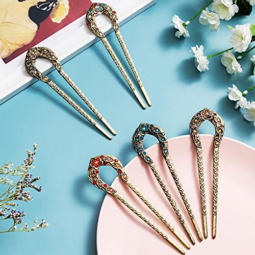 Waydress 5 Pcs Vintage Hair Fork French Hair Pin for Buns Metal Chignon Pin Chopsticks Crystal Rhinestone Double Prong Hairpin Stick U Shaped Bun Accessories for Women(Elegant Pattern)