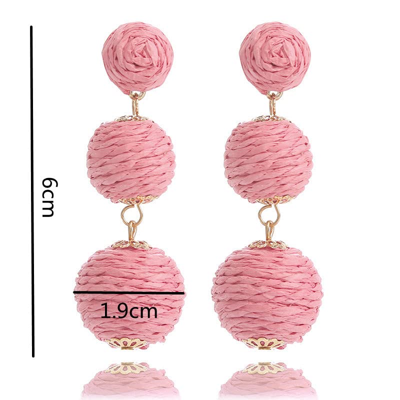 Lightweight Boho Thread Raffia Earrings for Women Handmade Braided Straw Wicker Lantern Ball Earrings Summer Beach Bohemian Geometric Earrings Holiday - color: triple pink