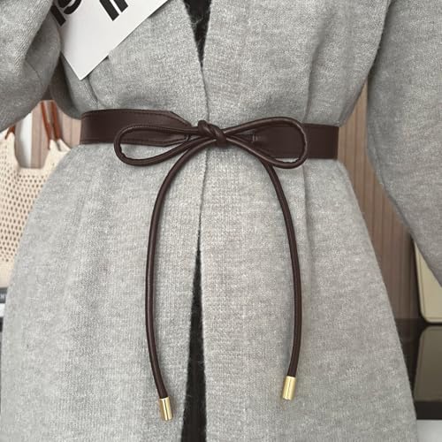 Women PU Leather Tie Waist Belts Knotted Thin Skinny Rope Waistband - color: Coffee