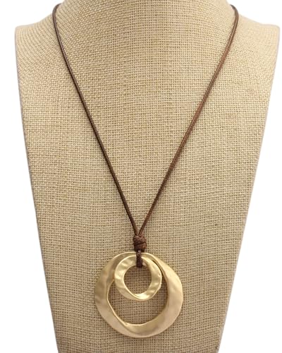 GelConnie Leather Necklace for Women Round Wooden Pendant Long Leather Choker Vintage Sweater Necklace Gold Chunky Boho Necklaces for Women - style: 2 Circles Gold Necklace