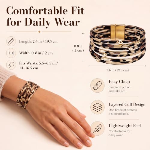 Fesciory Leopard Bracelet for Women, Boho Leather Wrap Multi-Layer Pearl Crystal Bracelet Bangle Jewelry - style: Brown Leopard