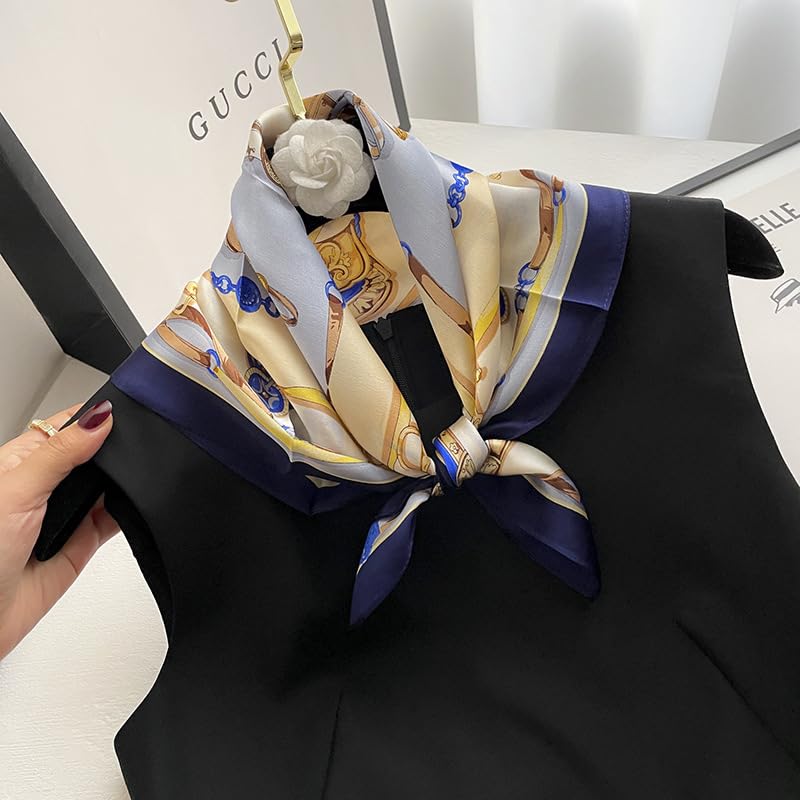 FEIBOON Mulberry Silk Scarfs Neck Scarf 21" Small Square Scarfs hair scarf bandana Neckerchief Headscarf for Women - color: Blue White Yellow Classic