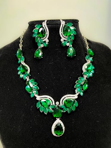 Women Jewelry Set Rhinestone Crystal Bride Statement Choker Necklace Teardrop Cluster Dangle Earrings Set for Wedding Prom Party - color: emerald