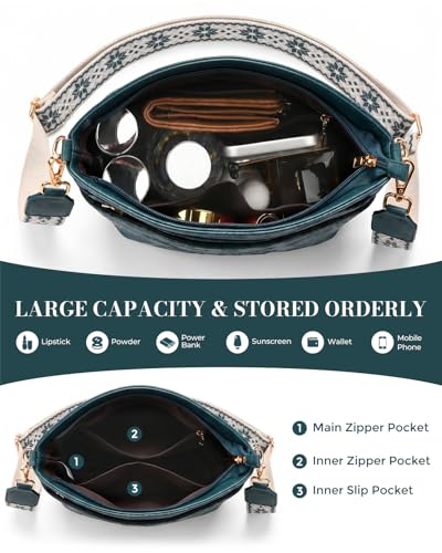 Crossbody Bags For Women, Vegan Leather Crossbody Purses with Boho Strap, Daily Travel Shoulder Handbag - color: Peacock Blue