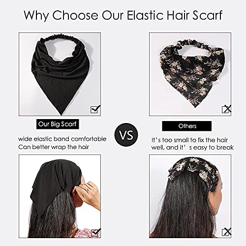 Vercret 6 Pack Hair Scarf Headband for Women Elastic Bandana Head Scarf Large Boho Triangle Kerchief with Clips Non Slip Scarves - color: A Pack Solid