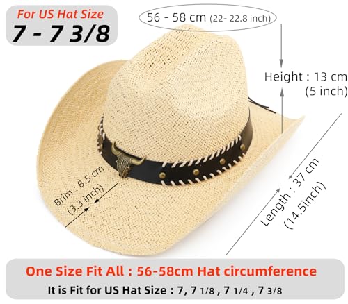 Straw Cowboy Hat, Western Cowgirl Hat, Wide Brim Sun Beach Hat for Men and Women - color: Beige-m21