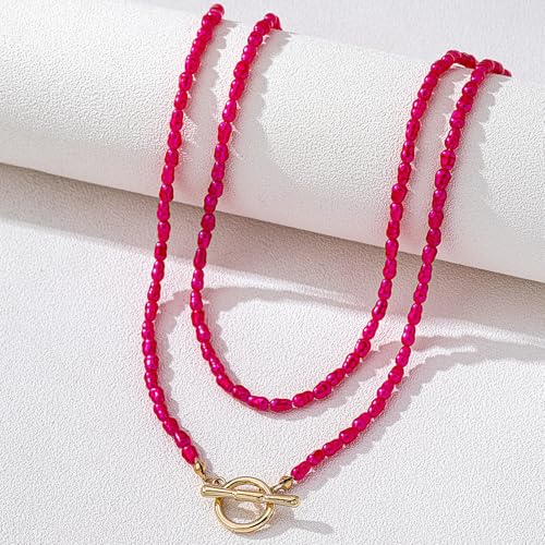 Red Beaded Necklace for Women Choker Gold Toggle Clasp Layered Stack Dainty Statement Western Boho Trendy Summer Vacation Necklaces Birthday Jewelry Gifts - color: C1:Red Beaded Necklace