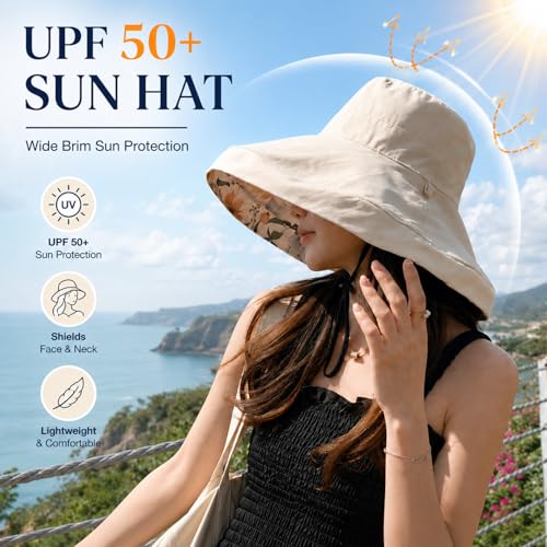 HUAMULAN Women Summer Sun Hat Wide Brim Wired Edge Floral Beach Bucket Hats Reversible Foldable Travel UV Protection Lady Hat - color: M2320-beige