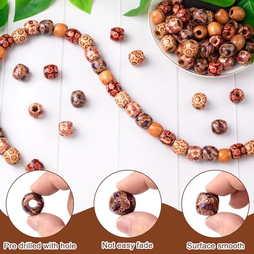 Pndeyo 50pcs Wooden Beads for Crafts, Round Large Hole Natural Wood Hair Bead, Vintage Wooden Spacer Beads for Macrame Necklace Bracelet DIY Craft Handmade Decor - color: Brown,50pcs,D Style