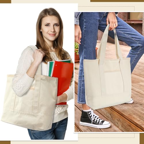 Reginary 16 Pcs Canvas Tote Bags Bulk with Outer Pocket 18 Inch Reusable Shopping Grocery Blank Tote Bag for Women Mother DIY (White) - color: Beige