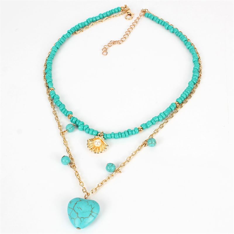 Pingyongchang Boho Layered Western Turquoise Necklaces for Women Vintage Stone Beaded Chokers Butterfly Catus Chain Country Concert Cowgirl Cowboy Jewelry Holiday Gifts - style: E Heart