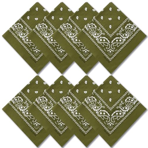 Raylarnia 8 PCS 100% Cotton Bandanas, 22 Inchs Multi-Purpose Bandana Scarfs Headbands for Men and Women - color: 8-army Green