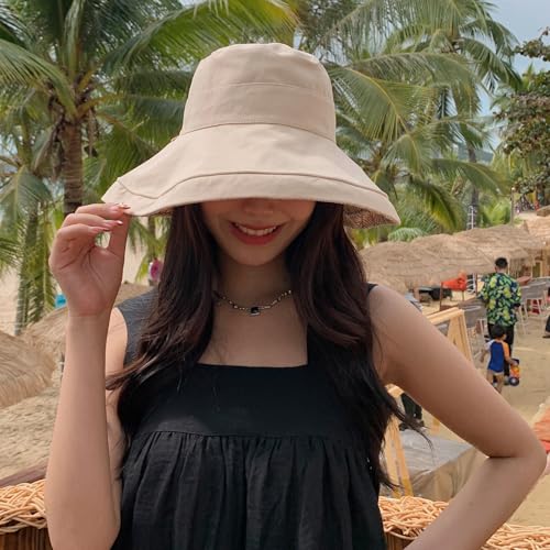 HUAMULAN Women Summer Sun Hat Wide Brim Wired Edge Floral Beach Bucket Hats Reversible Foldable Travel UV Protection Lady Hat - color: Beige