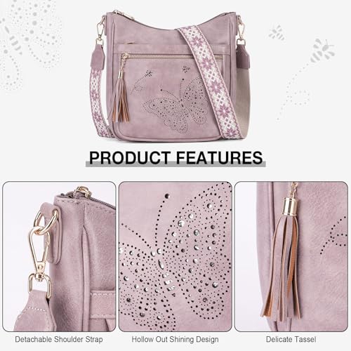 KITEVIUN Medium Crossbody Bags for Women Trendy, Women's Butterfly Shoulder Handbags with Tassel - color: 002-purple