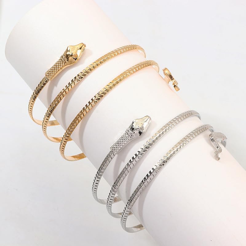 Dainty Arm Cuff Bracelet for Women Gold/Silver Adjustable Upper Arm Cuff Layered Bangle Bracelet Open Knot Bracelet Summer Beach Charm Fashion Jewelry - color: Gold Snake
