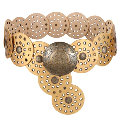 LEACOOLKEY Women's Boho Disc Belt Wide Western Leather Belt Vintage Concho Waist Belts for Dress Jeans - color: A-gold, size: Fits 34"–39" (Waist/Hips), style: Style a