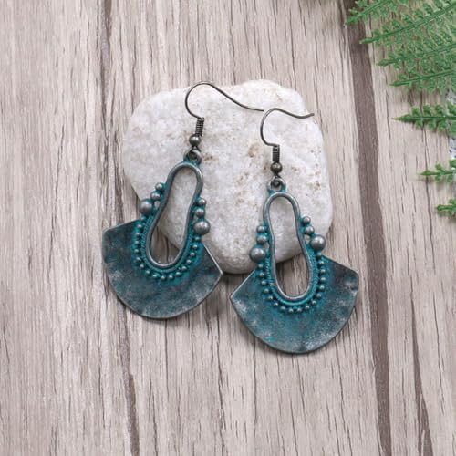 Boho Antique Carved Flower Dangle Drop Earrings for Women Vintage Retro Handmade Hollowed Antiqued Bronze Floral Shaped Geometric Gold Silver Plated Hoop Earrings for Ethnic Style Jewelry Gifts - color: Antique Silver